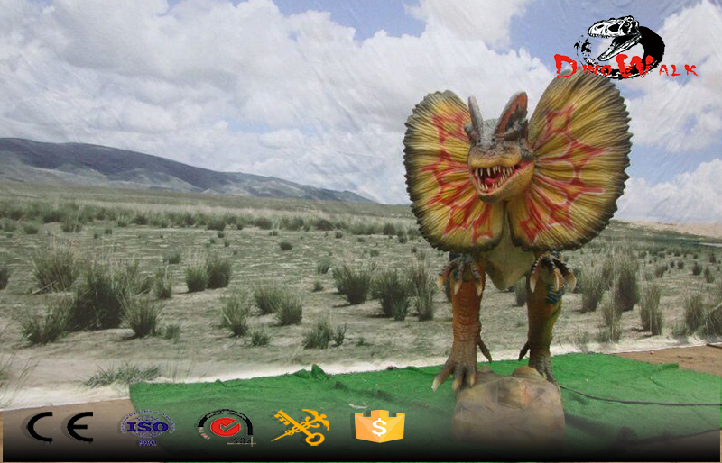 Colore yellow Dilophosaurus outdoor simulation animatronic dinosaure